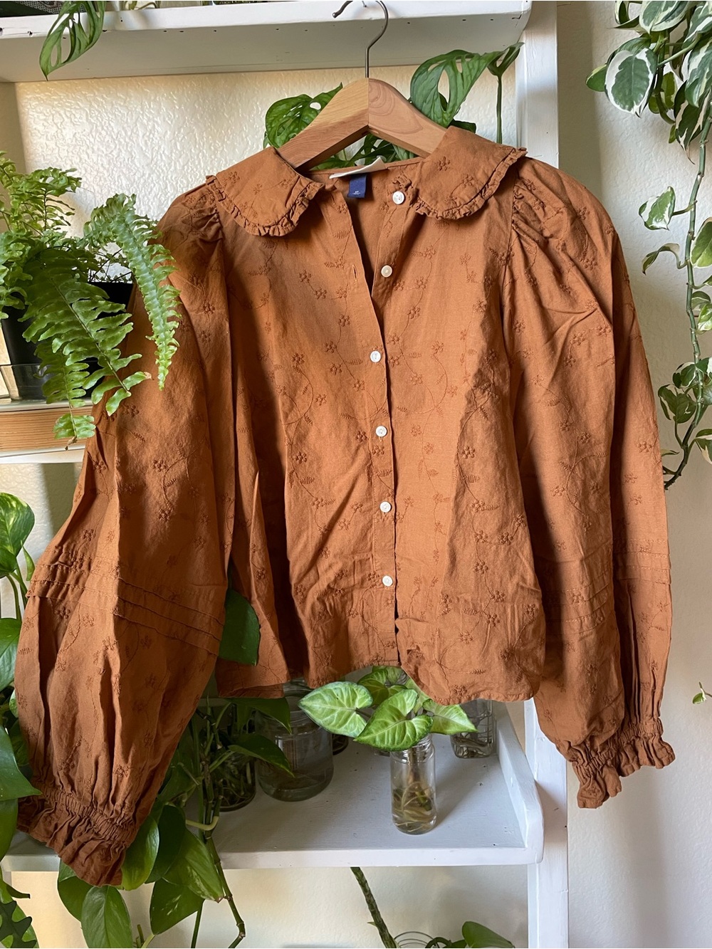 Rust Embroidered Button-Front Blouse with Peter Pan Collar